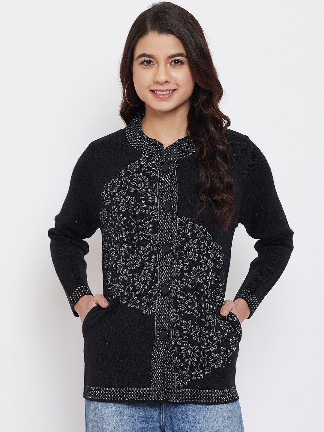 

Zigo Women Black & White Self Design Cardigan
