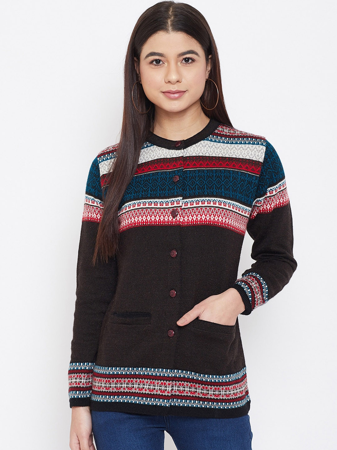 

Zigo Women Brown & White Self Design Cardigan