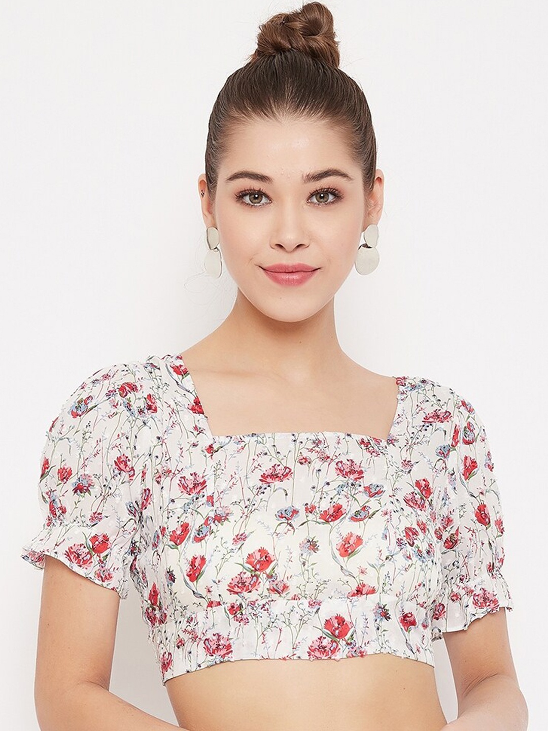Berrylush Women White Printed Styled Back Crop Top