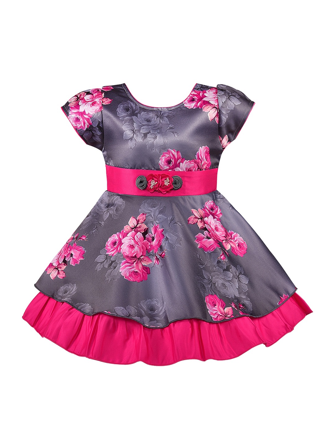 

Wish Karo Girls Pink & Grey Floral Printed Fit and Flare Dress