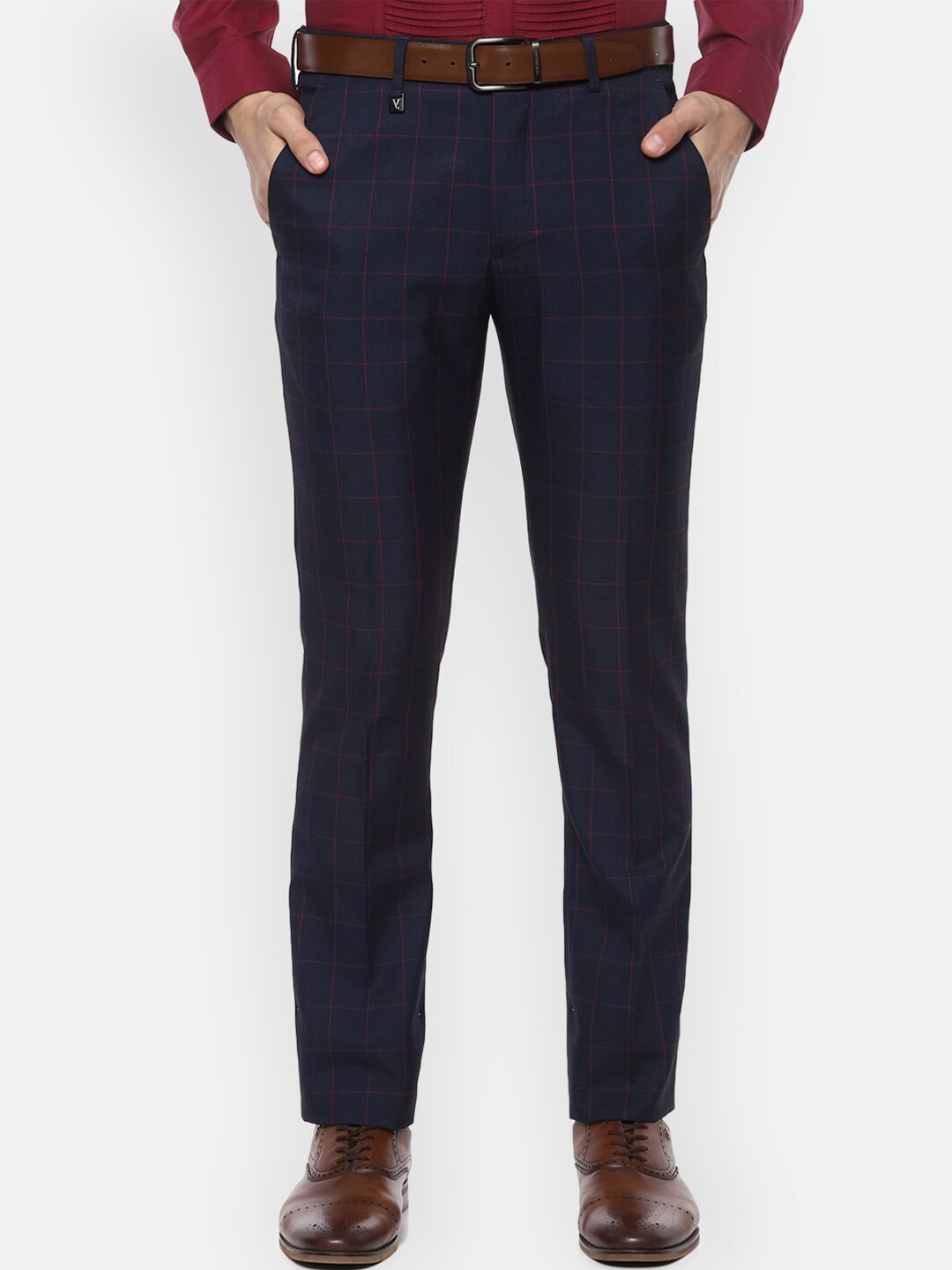 

V Dot Men Navy Blue Slim Fit Checked Formal Trousers