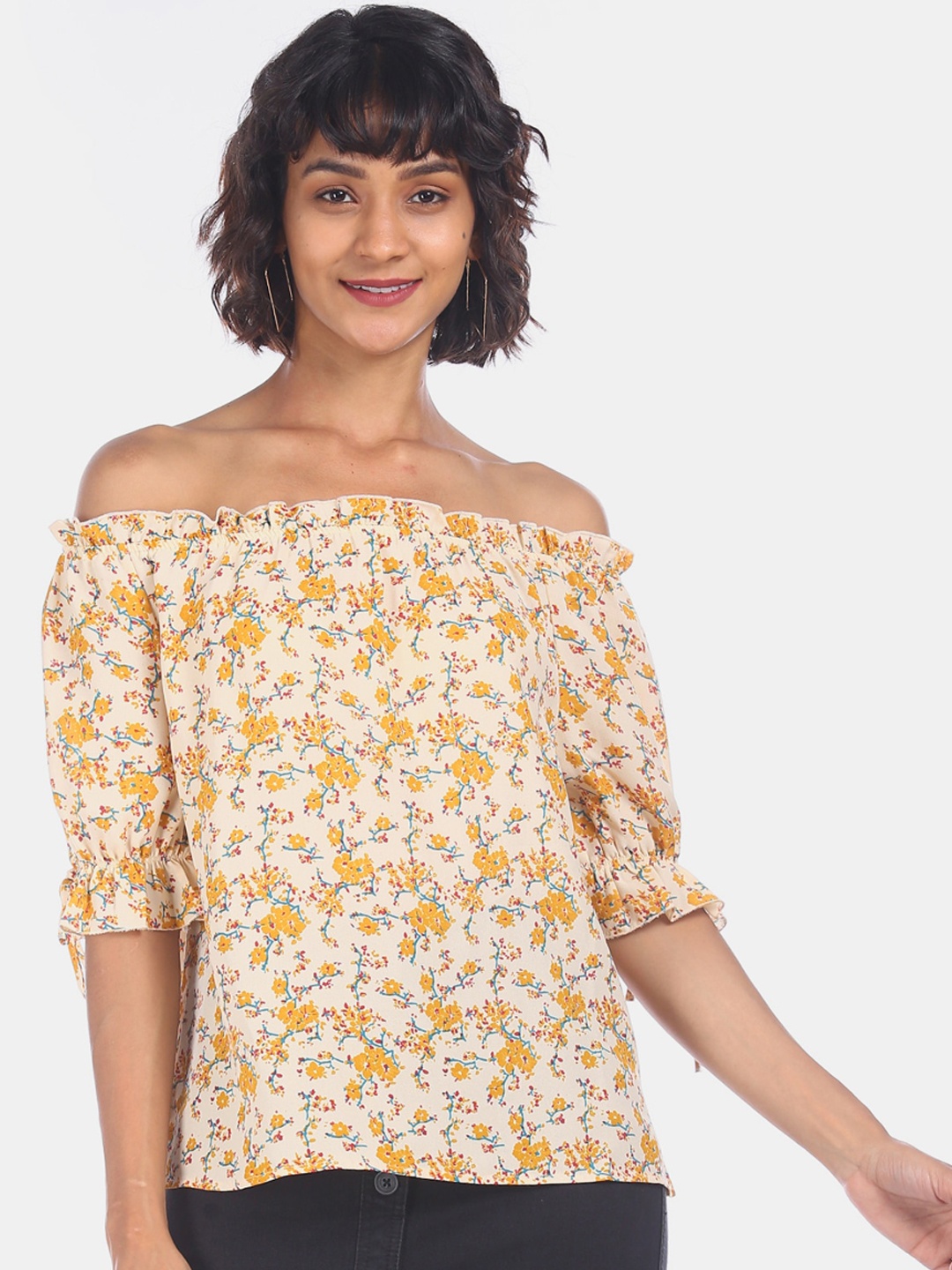 

Cherokee Women Beige Printed Bardot Top