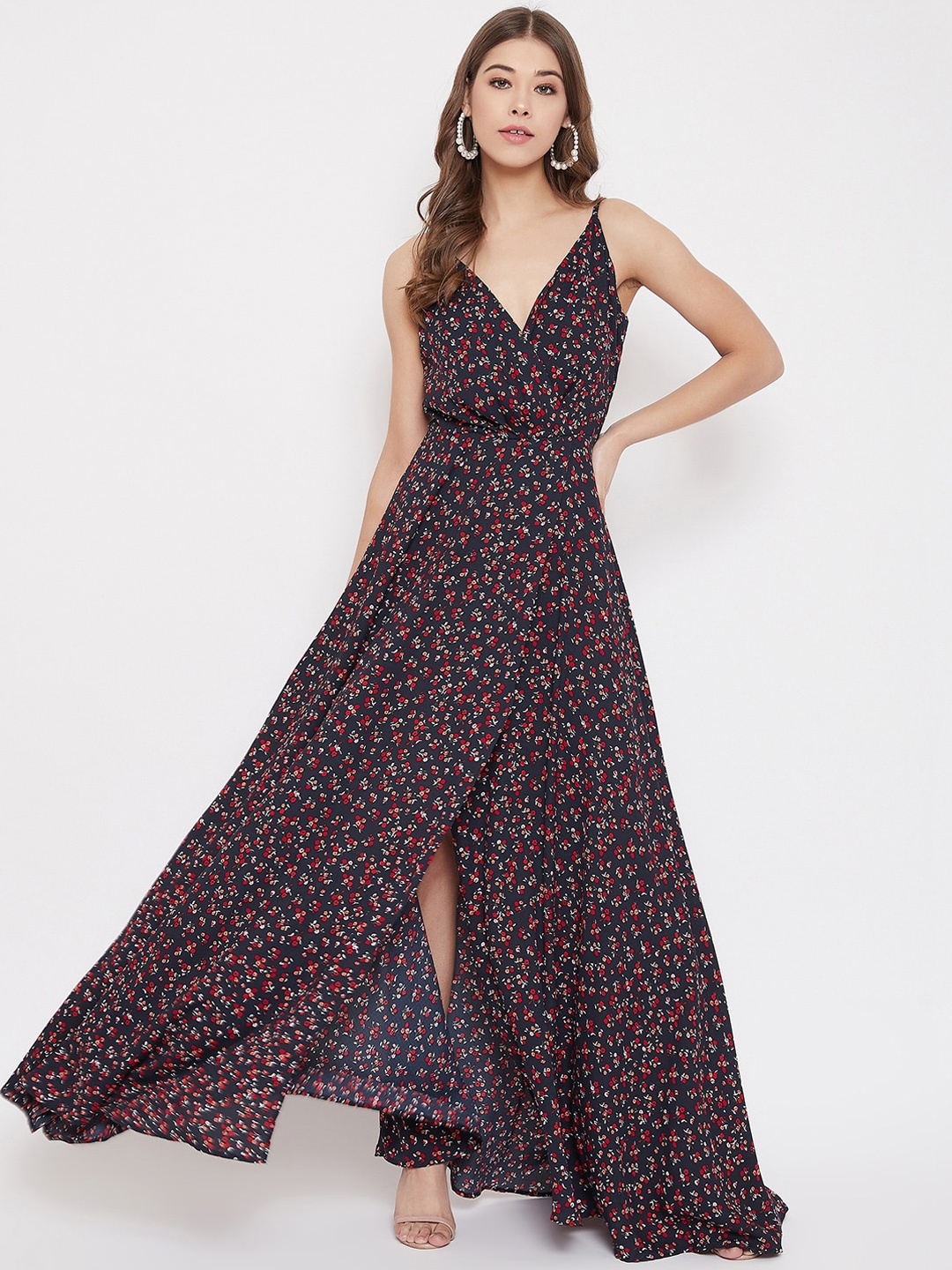 

Berrylush Navy Blue Floral Printed Maxi Dress