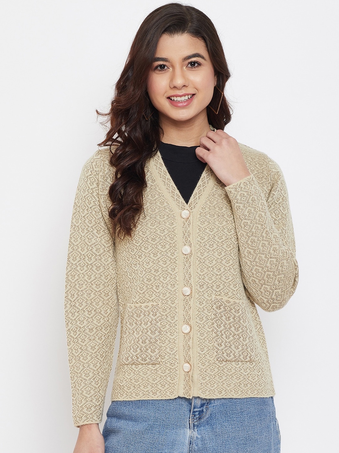 

Zigo Women Beige Self Design Cardigan