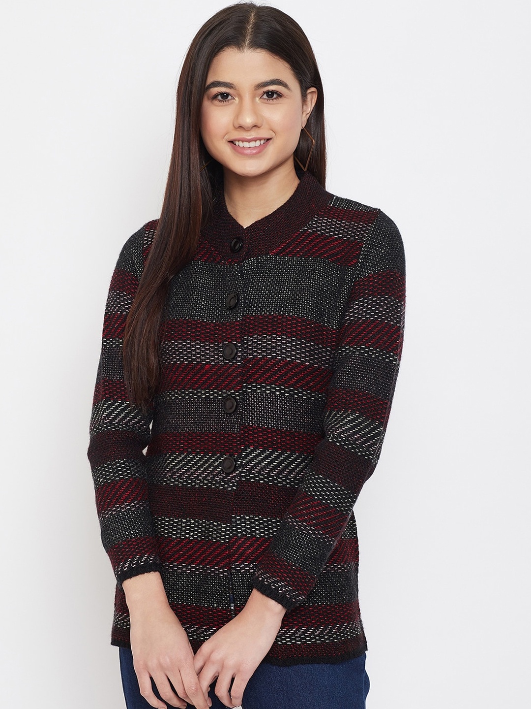 Zigo Women Black & Red Self-Design Cardigan Sweater