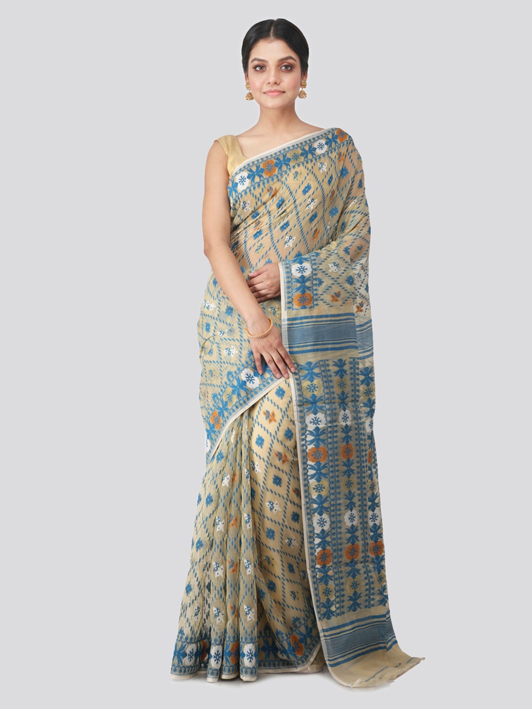 

PinkLoom Beige & Blue Woven Design Handloom Jamdani Saree