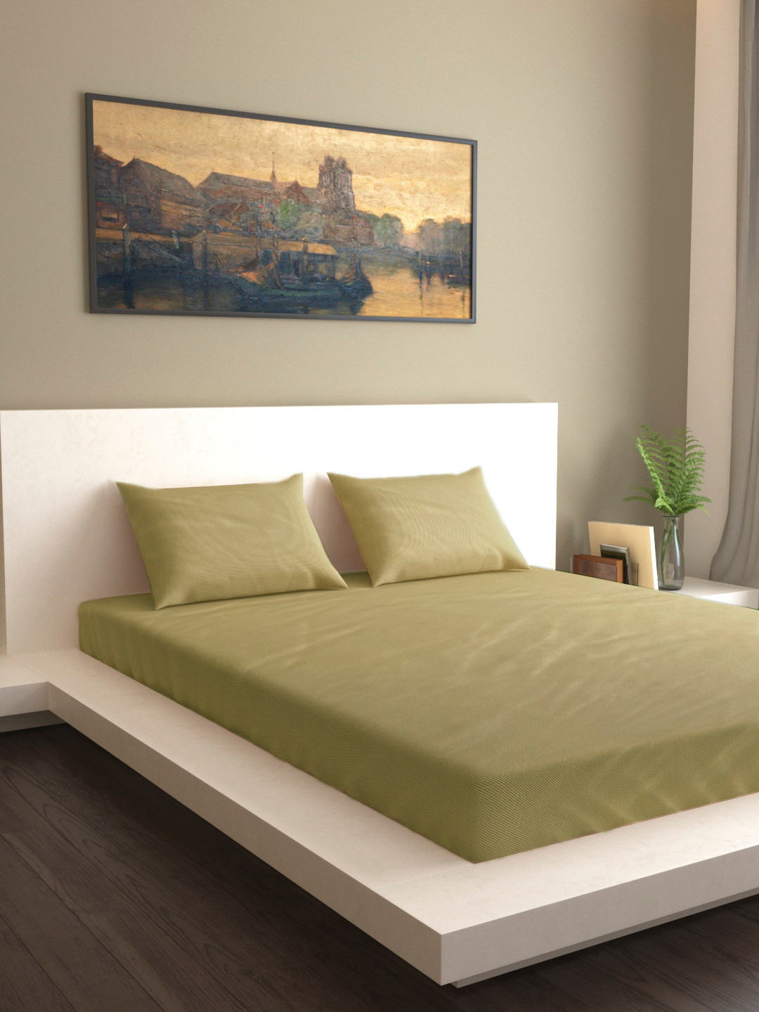 

MARK HOME Olive Green Solid 200 TC 100% Cotton Sateen Double Bedsheet With 2 Pillow Covers