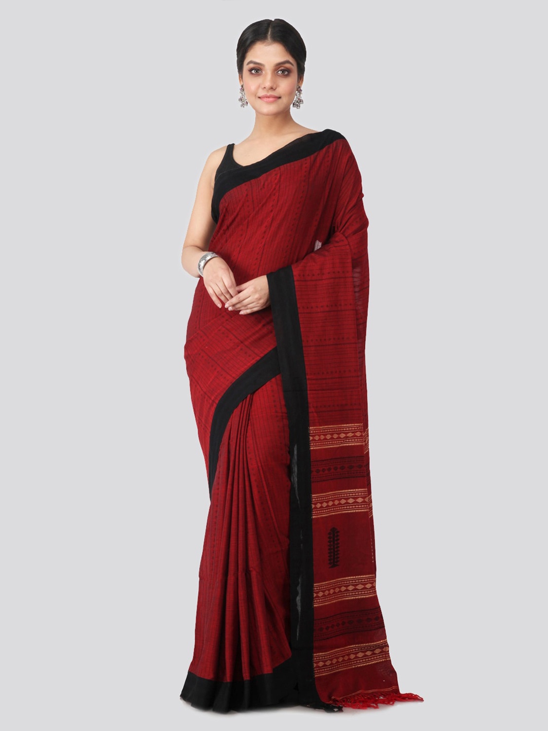 

PinkLoom Maroon Pure Cotton Woven Design Handloom Sustainable Saree