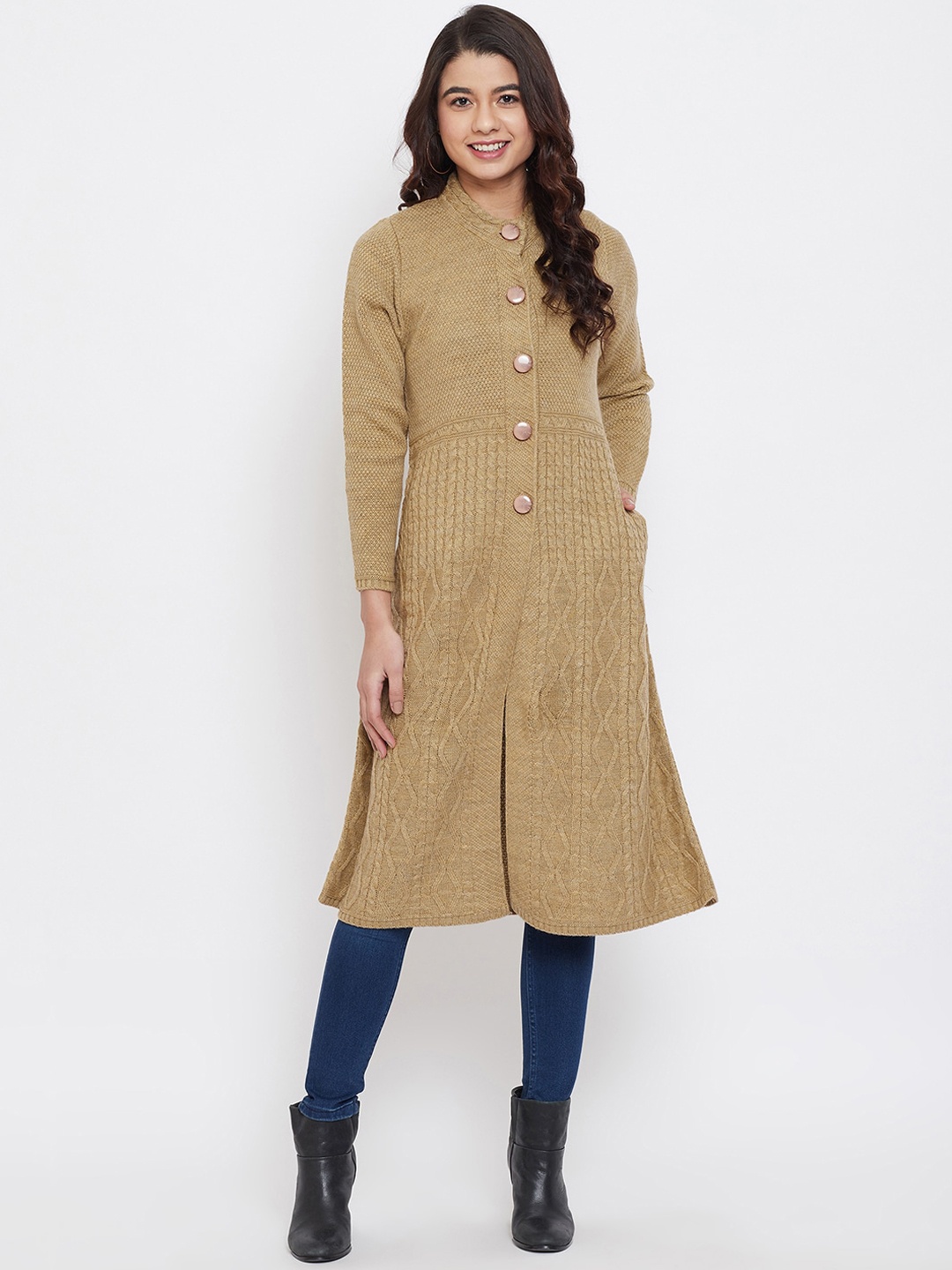 

Zigo Women Beige Self Design Cardigan