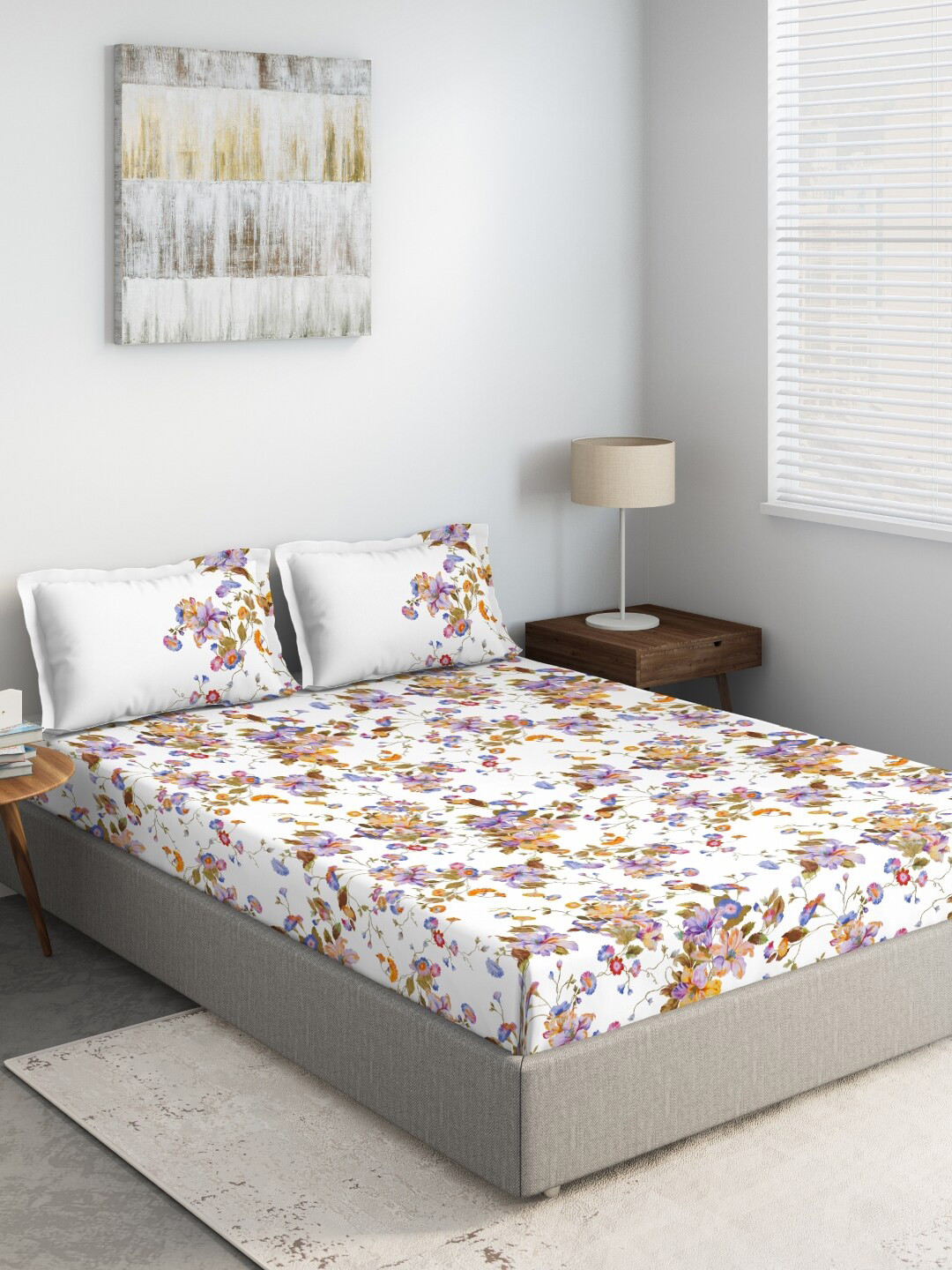 

DDecor Purple & White Floral 144 TC 100% Cotton Double XL King Bedsheet with Two Pillow Covers