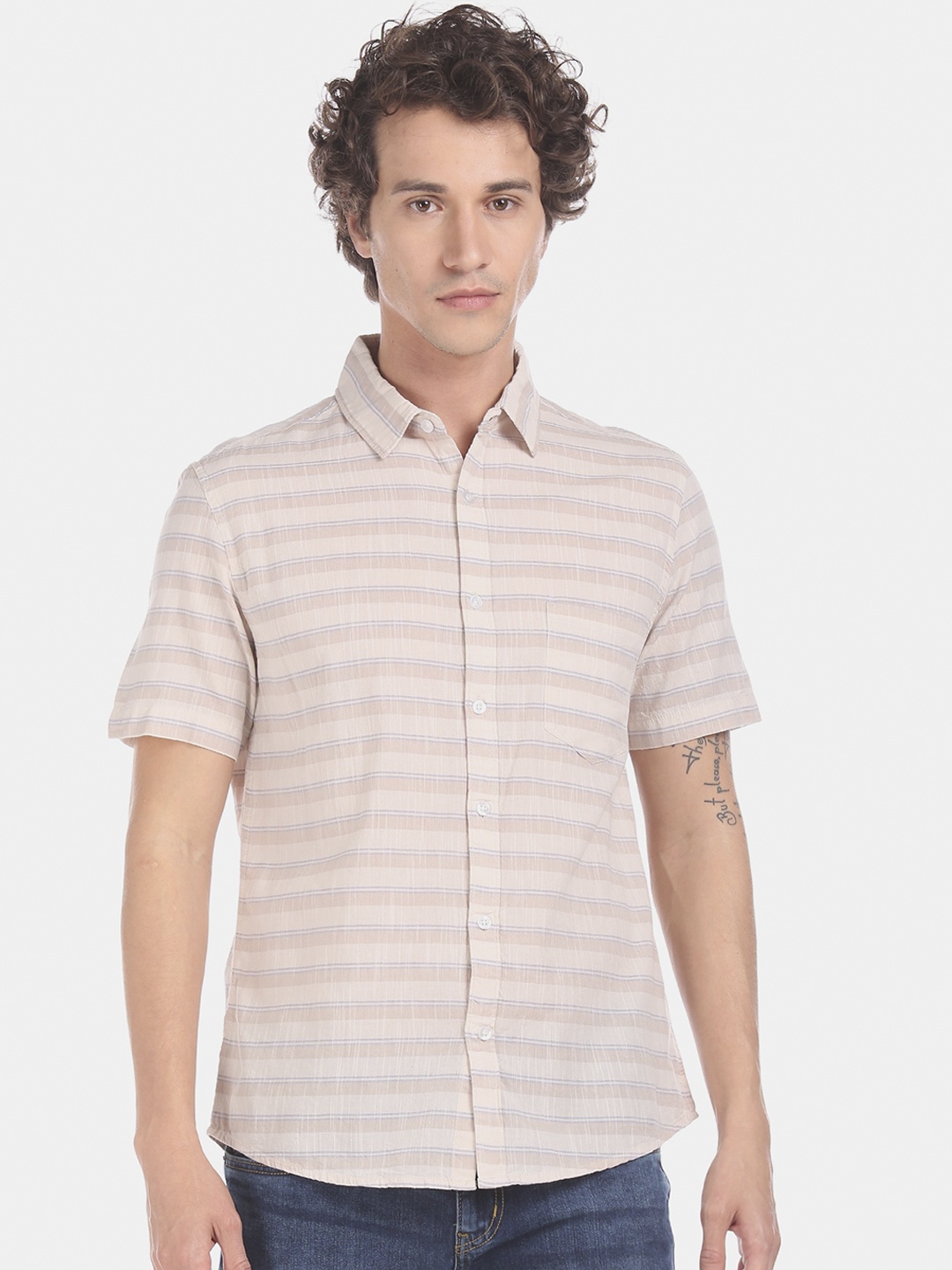 

Ruggers Men Cream-Coloured Regular Fit Striped Casual Shirt