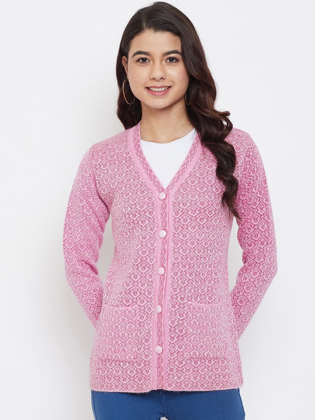 

Zigo Women Pink Self Design Cardigan