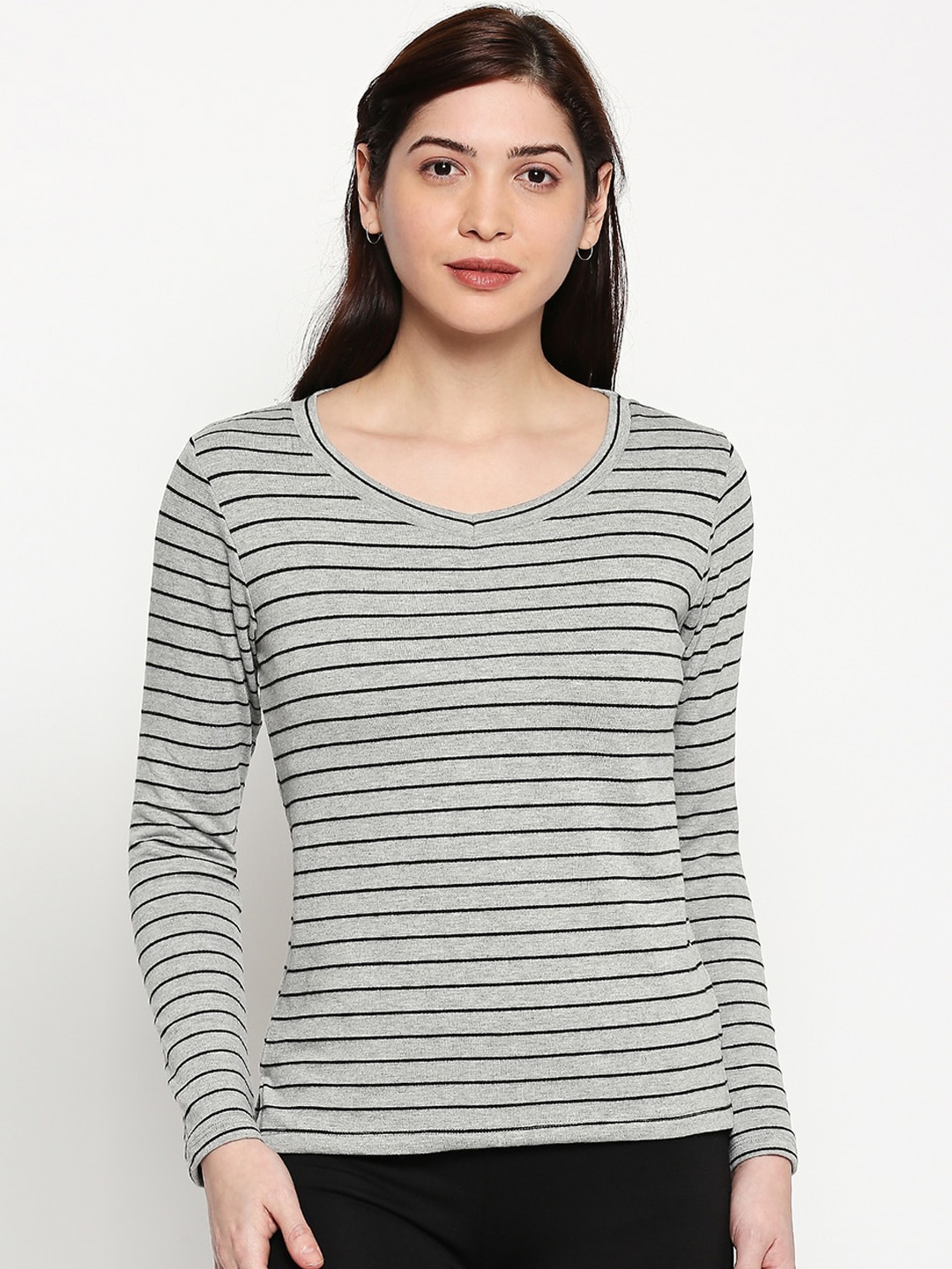

inocenCia Women Grey Striped V-Neck T-shirt