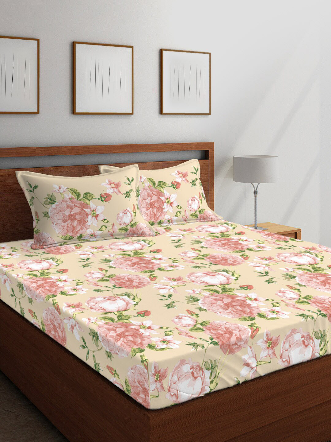

Layers Beige & Pink Floral 104 TC 100% Cotton Double Queen Bedsheet with Two Pillow Covers