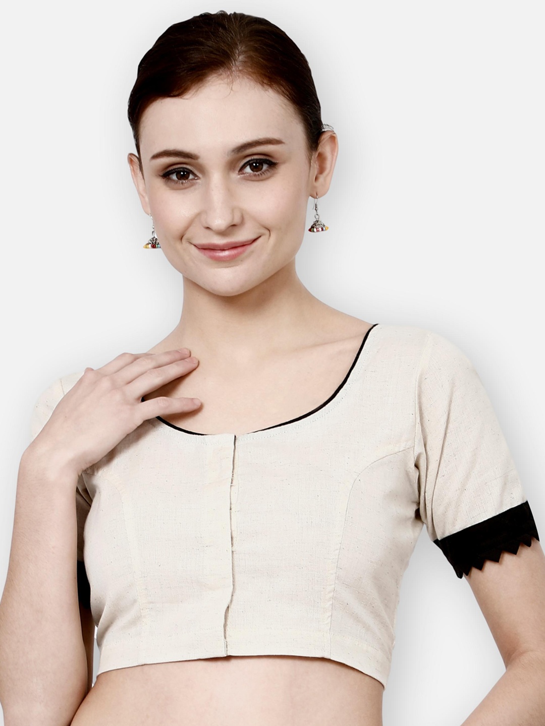 

Molcha Women Off-White Solid Cotton Slub Saree Blouse