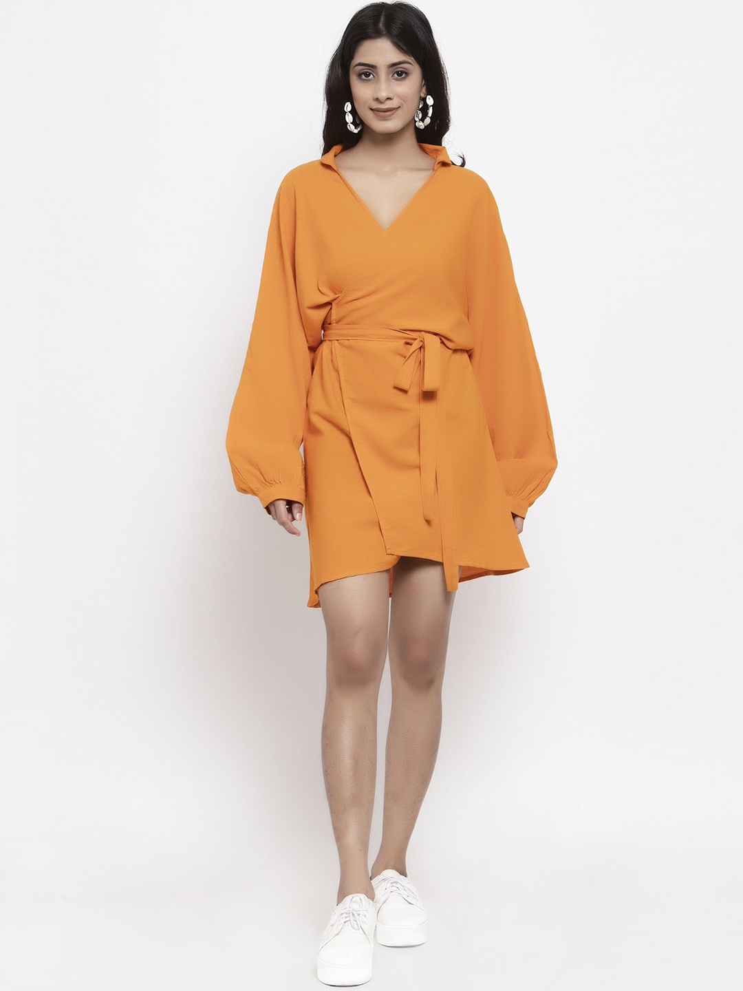 

THE SILHOUETTE STORE Women's Orange Solid Wrap Dress