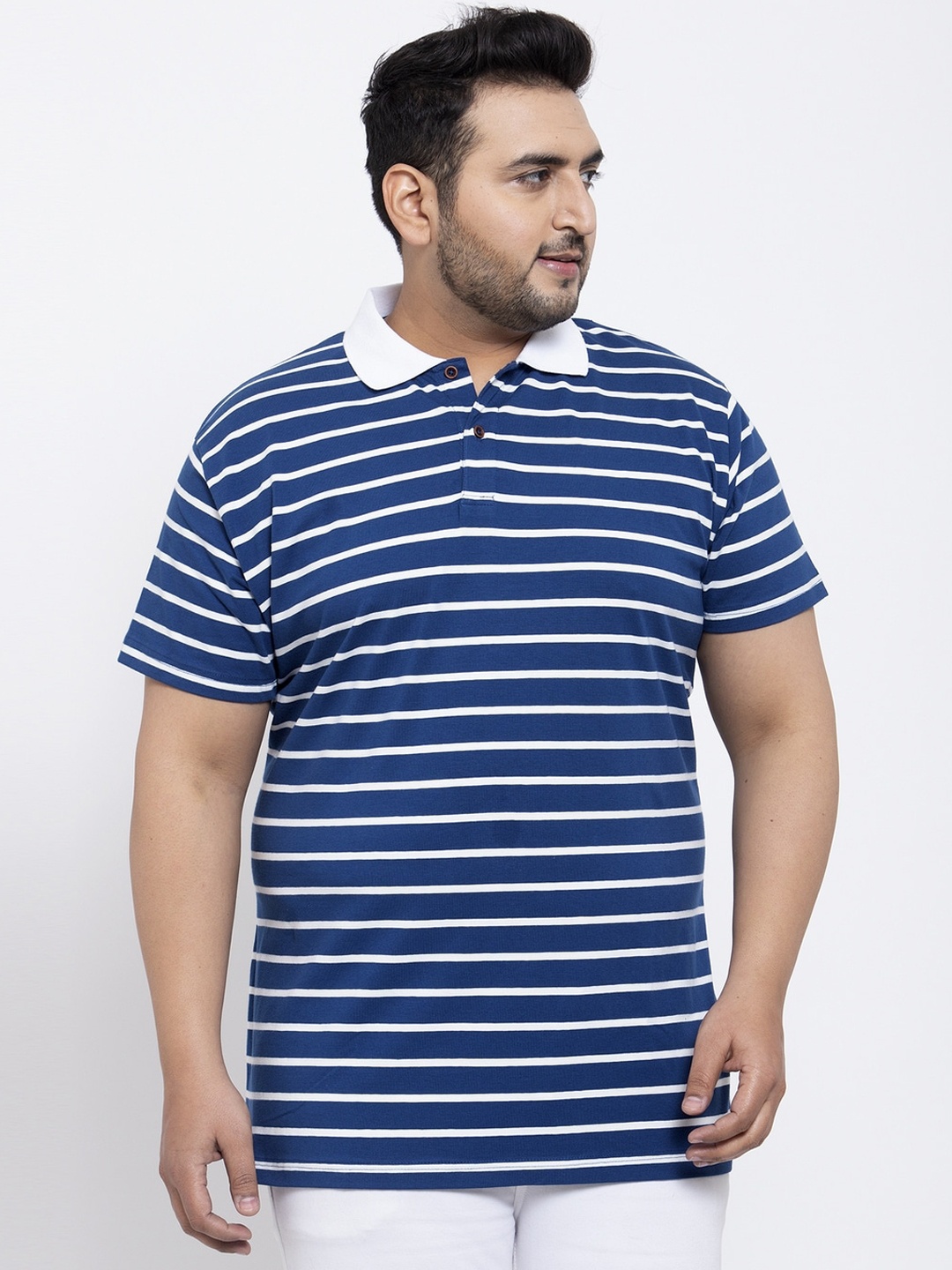 plusS Men Blue Striped Polo Collar T-shirt