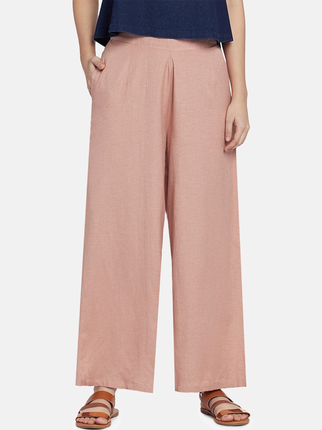 Go Colors Women Peach Coloured Solid Wide-Leg Palazzo