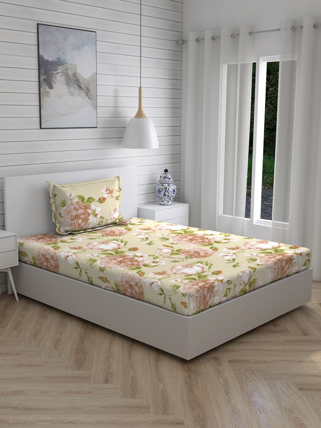 

Layers Beige & Pink Floral 104 TC 100% Cotton Single Bedsheet with One Pillow Covers