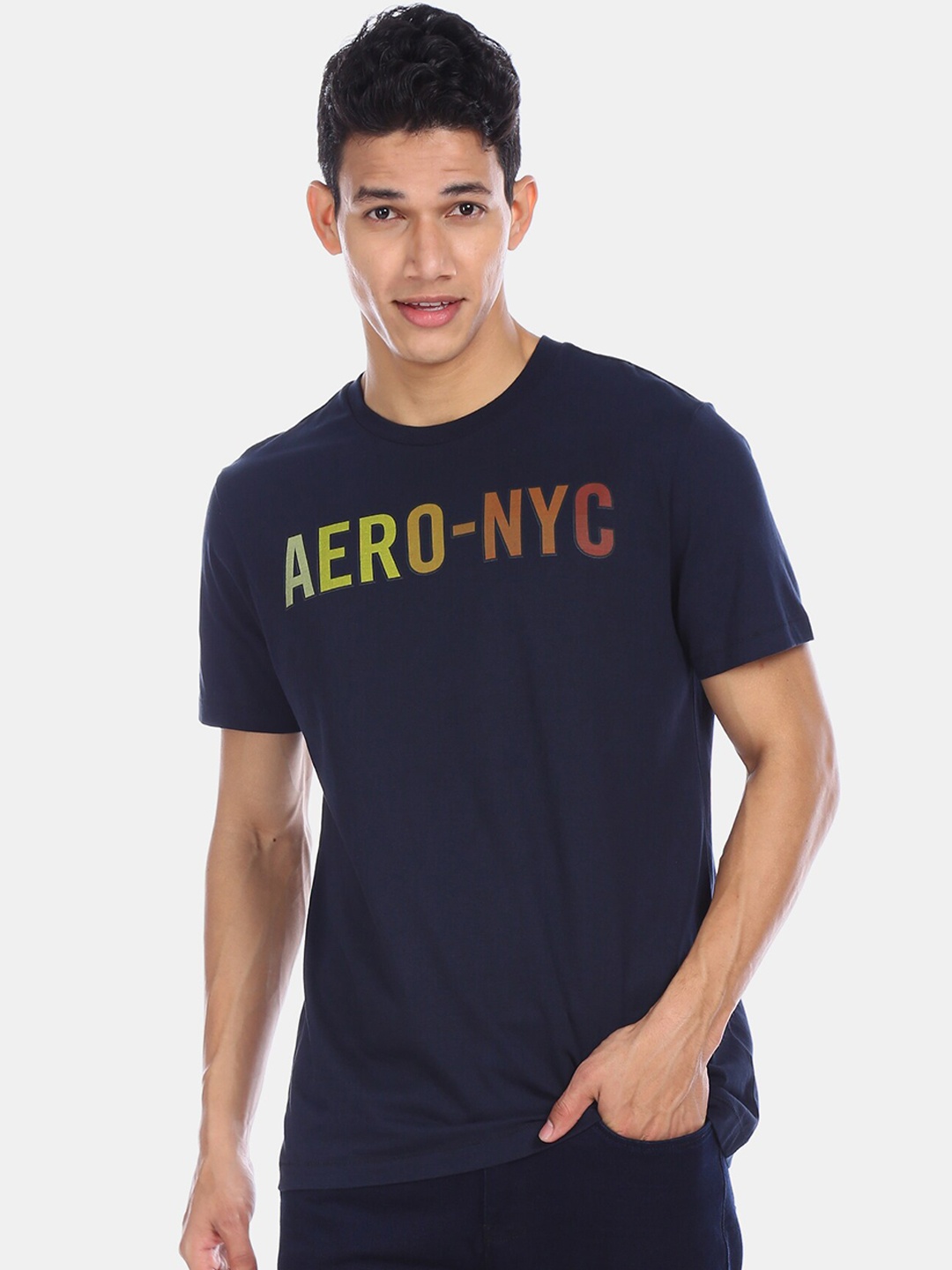 

Aeropostale Men Blue Printed Round Neck Cotton Pure Cotton T-shirt