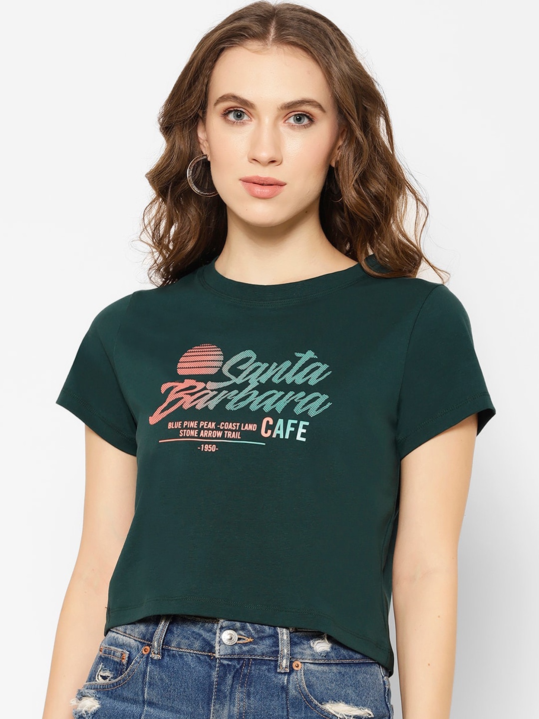 

COASTLAND Women Green Printed Round Neck T-shirt