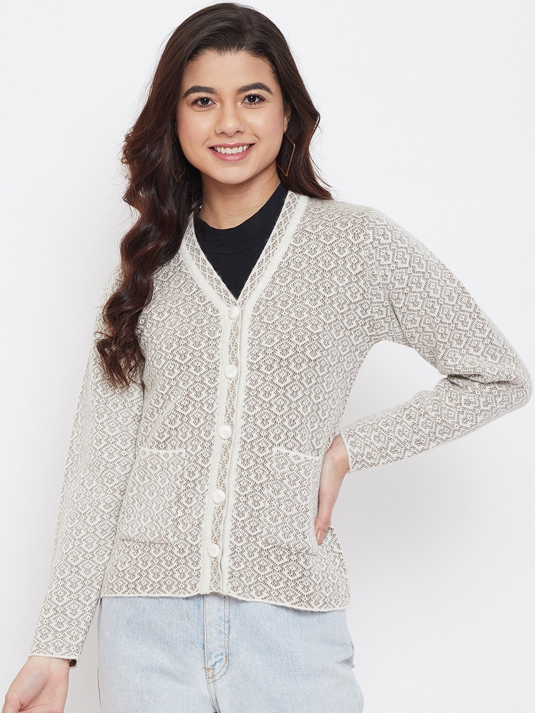 

Zigo Women White & Beige Self-Design Cardigan Sweater