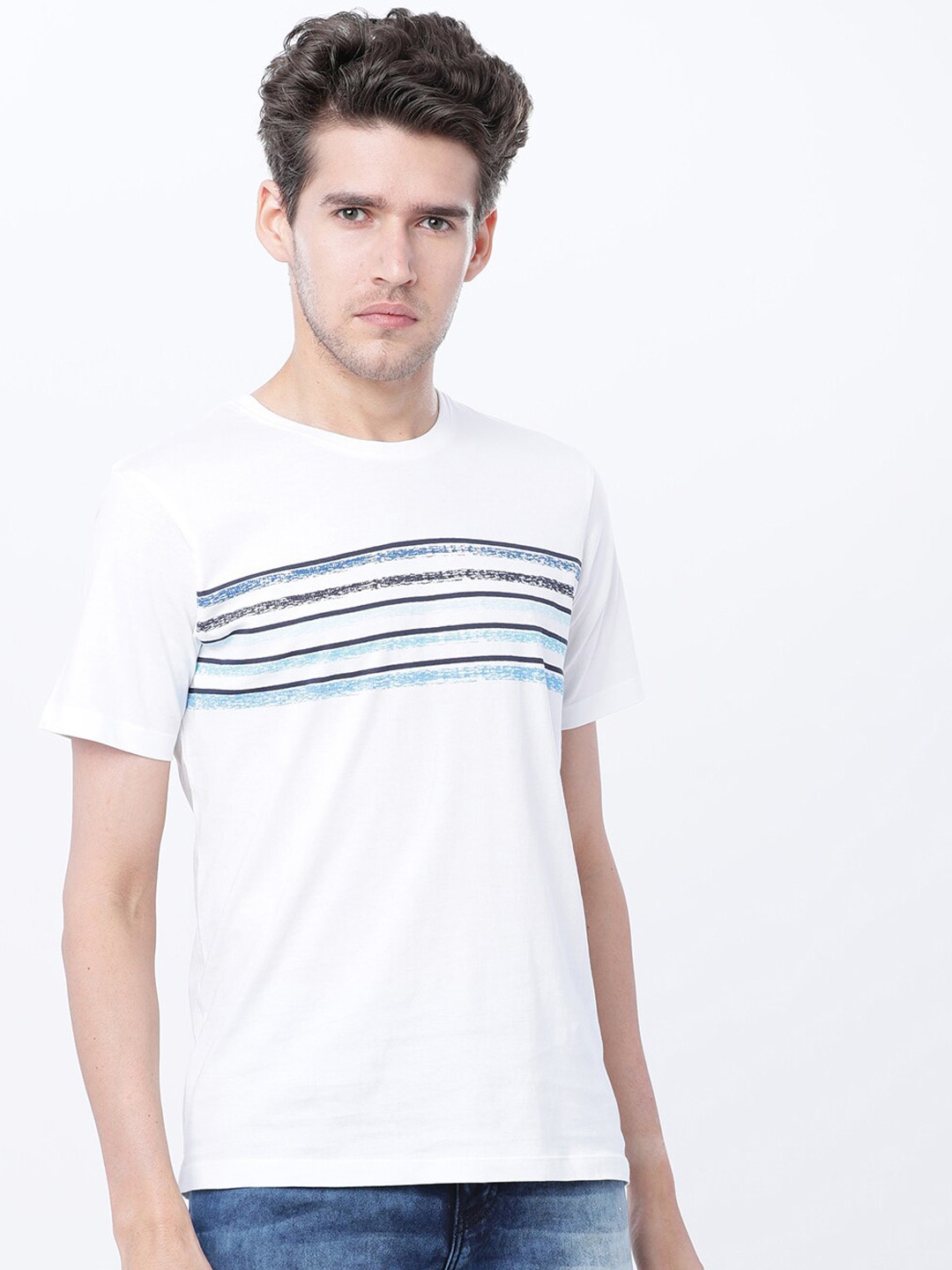 

HIGHLANDER Men White Slim Fit Striped Round Neck T-shirt