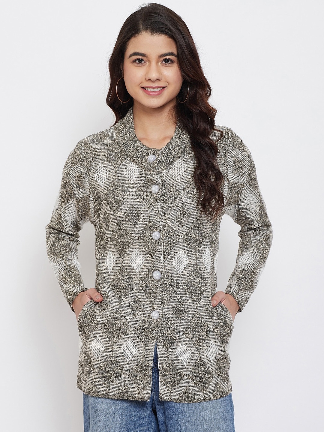 

Zigo Women Grey Self Design Cardigan