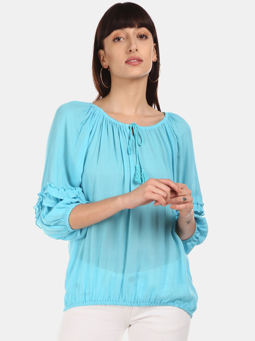 

Cherokee Women Blue Solid Blouson Top