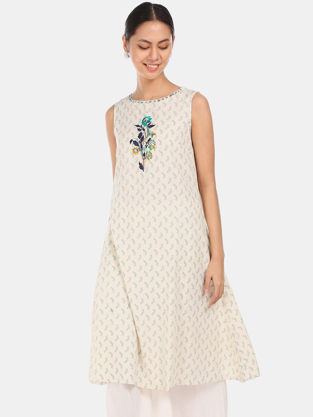 

Bronz Women Off-White & Turquoise Blue Woven Design A-Line Kurta