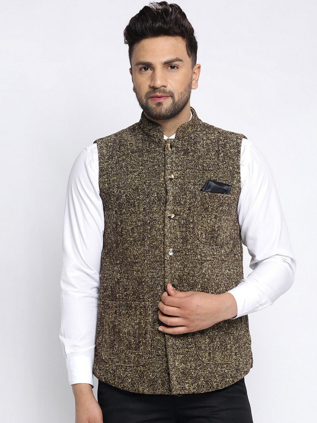 

KLOTTHE Men Brown Woven Design Nehru Jacket