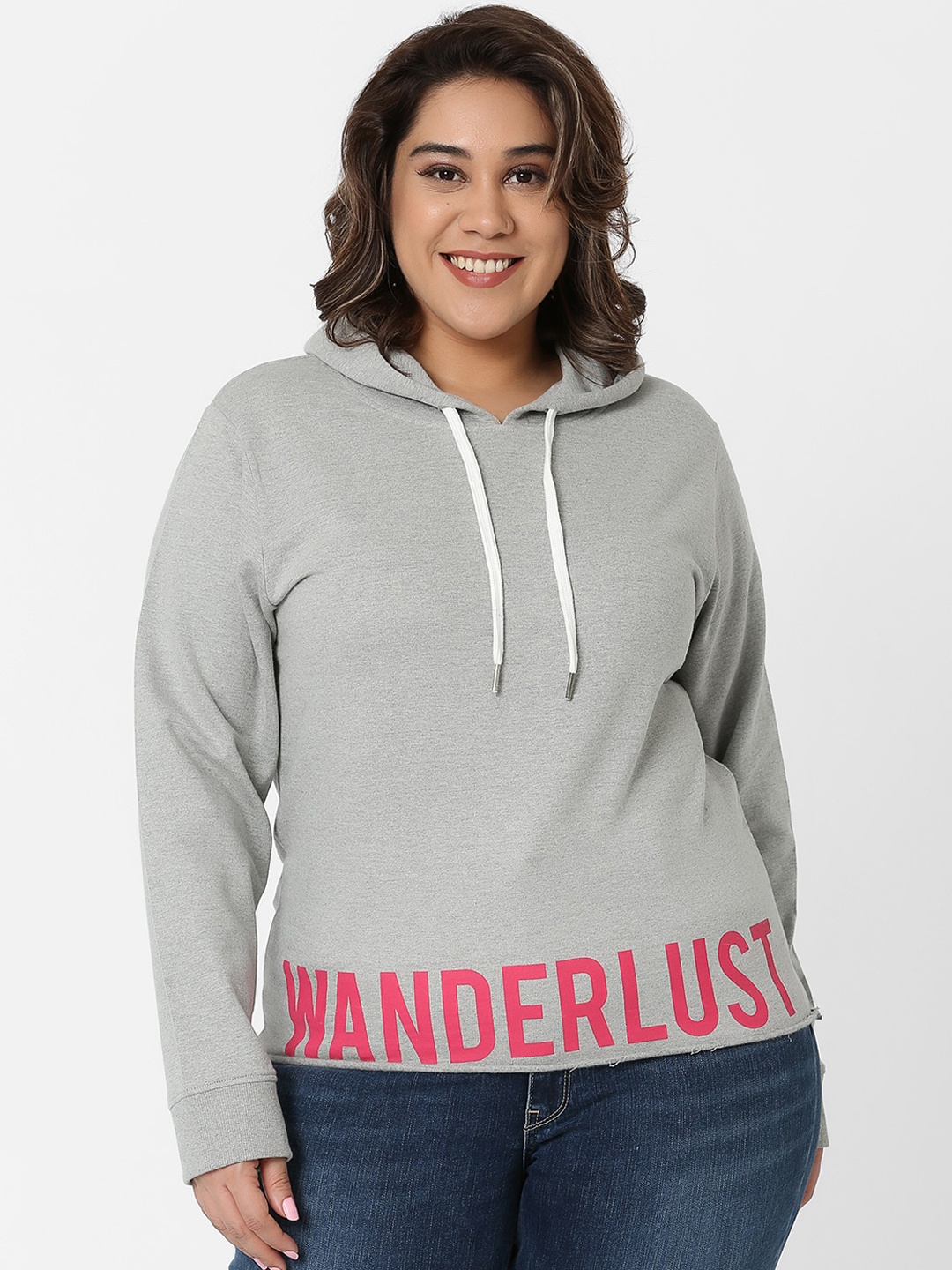 

MARCA Bold Women Grey Melange Printed Hooded Sweatshirt
