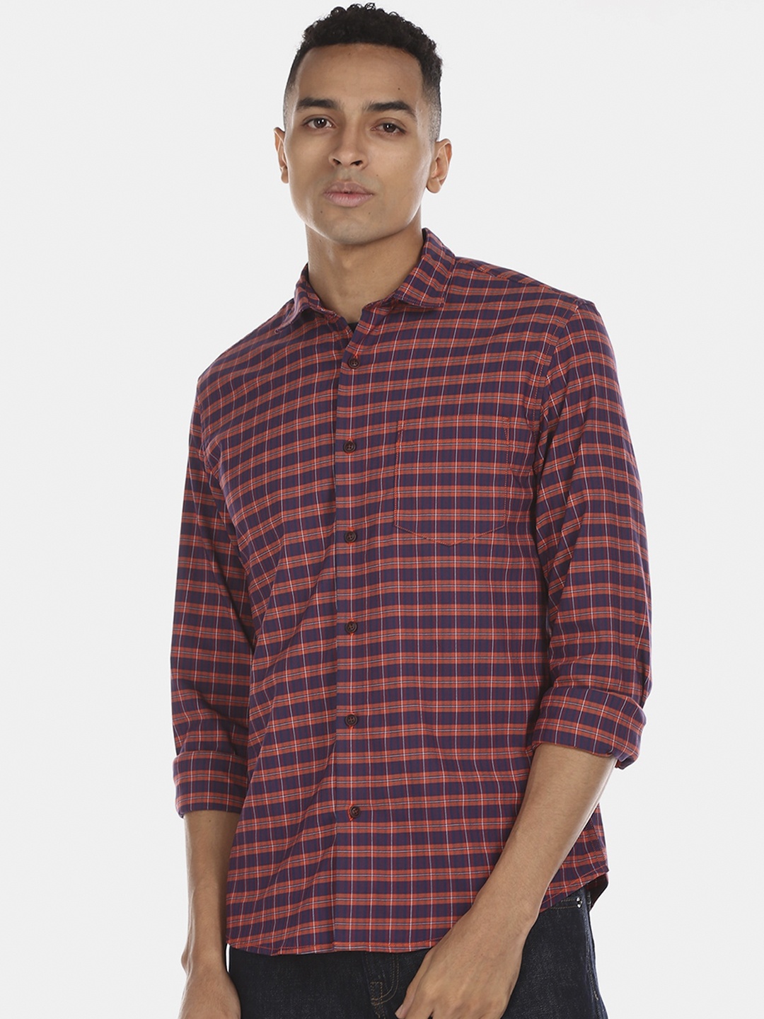 

Ruggers Men Orange & Purple Regular Fit Checked Casual Shirt