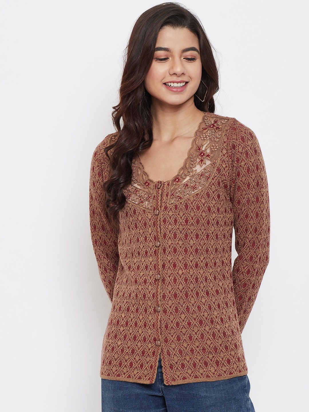 

Zigo Women Brown & Maroon Self Design Cardigan