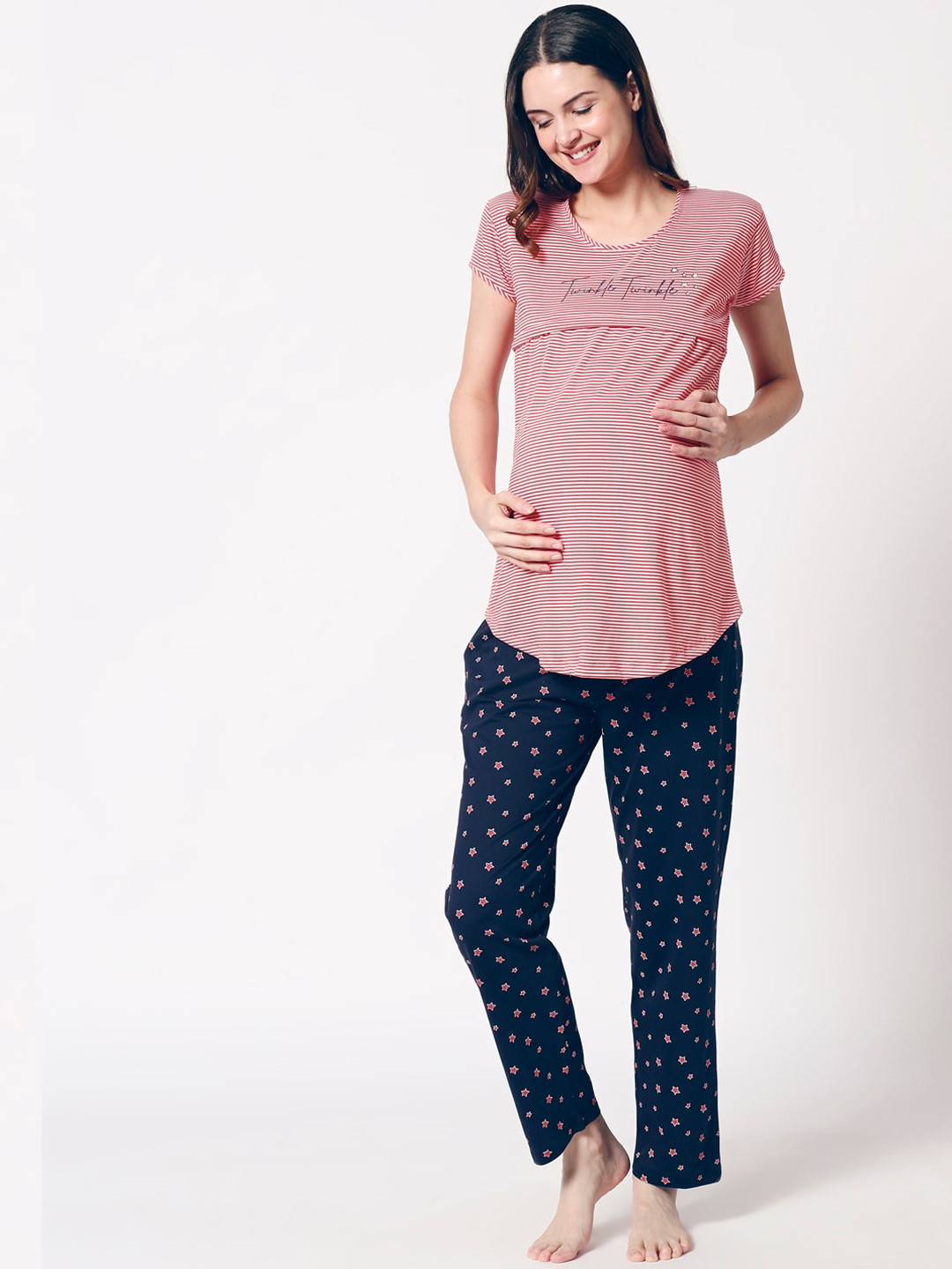 

Zeyo Women Red & Navy Blue Striped Maternity Night Suit