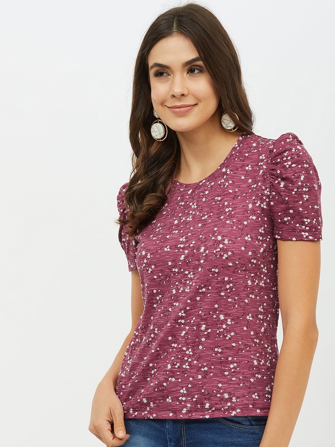 

Harpa Women Maroon Printed Round Neck T-shirt