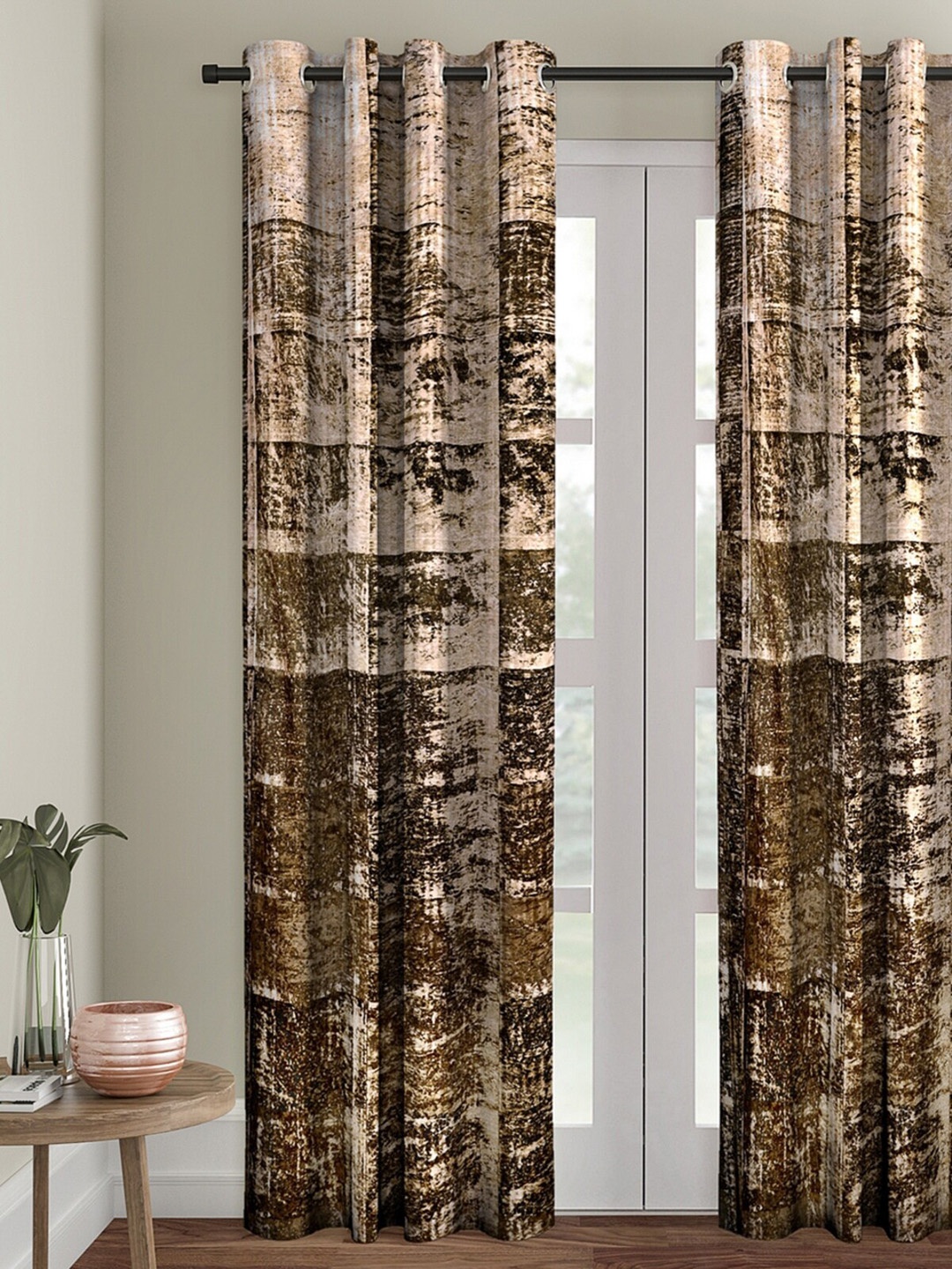 

ROMEE Beige & Brown Abstract Printed Velvet Room Darkening Door Single Curtain