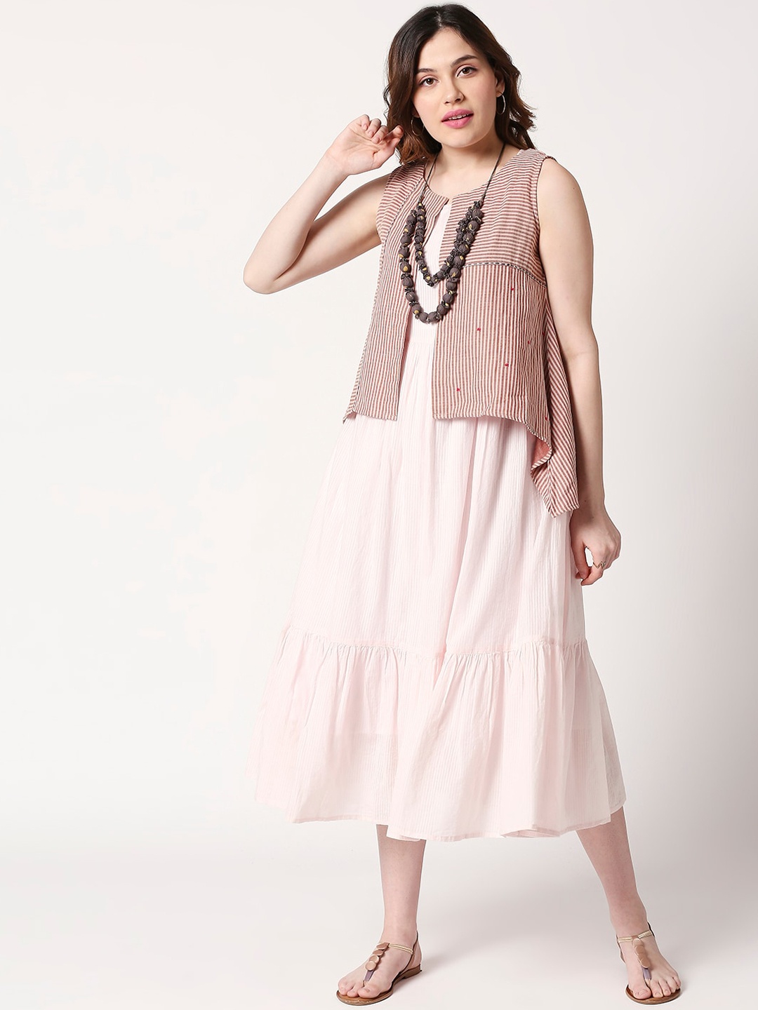 

TERQUOIS Women Pink & Off-White Solid A-Line Layered Dress