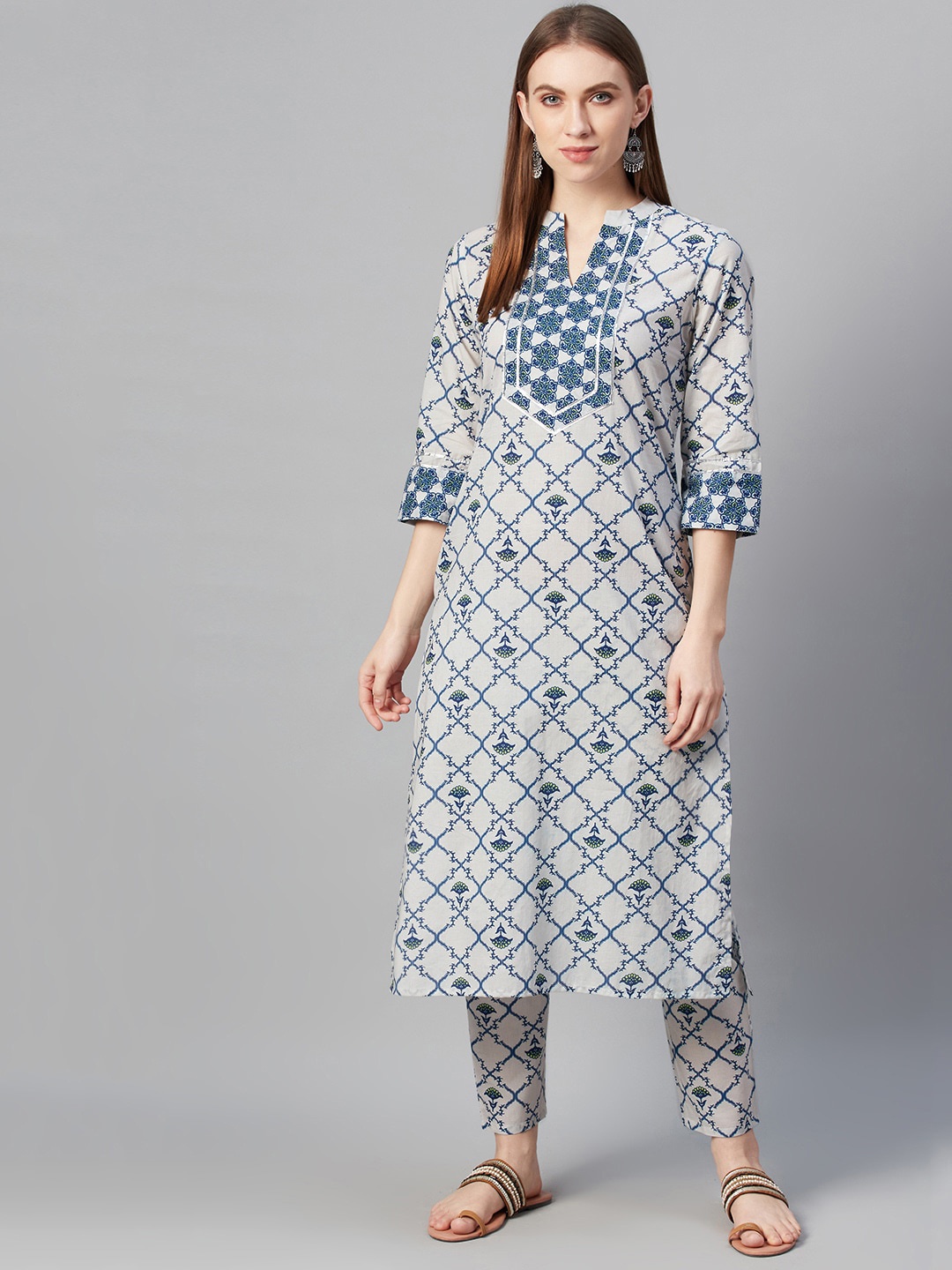 

ZIYAA Women White & Blue Screen Print Straight Kurta