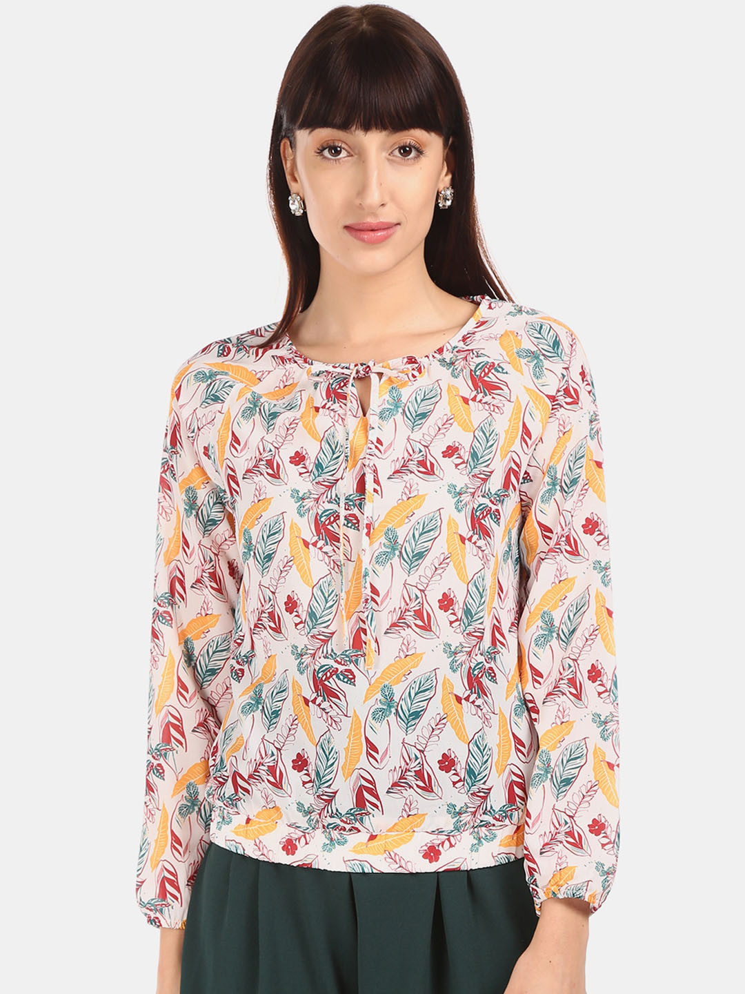 

Cherokee Women Off-White Printed Blouson Top