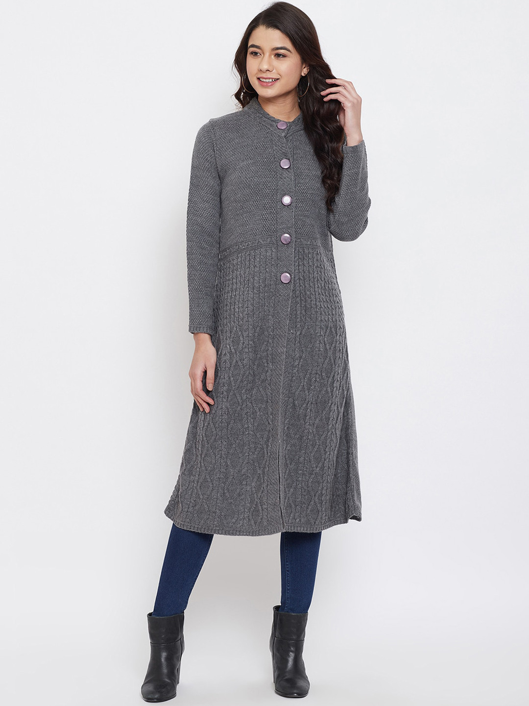 

Zigo Women Grey Self Design Cardigan