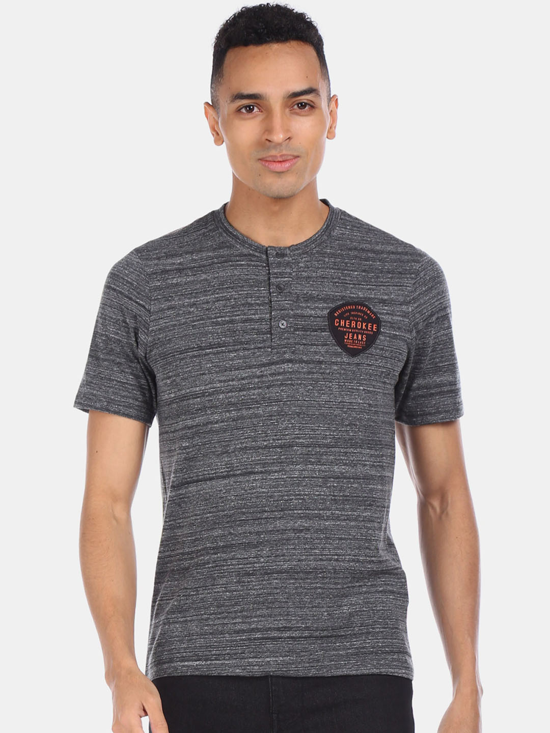 

Cherokee Men Grey Self Design Henley Neck T-shirt