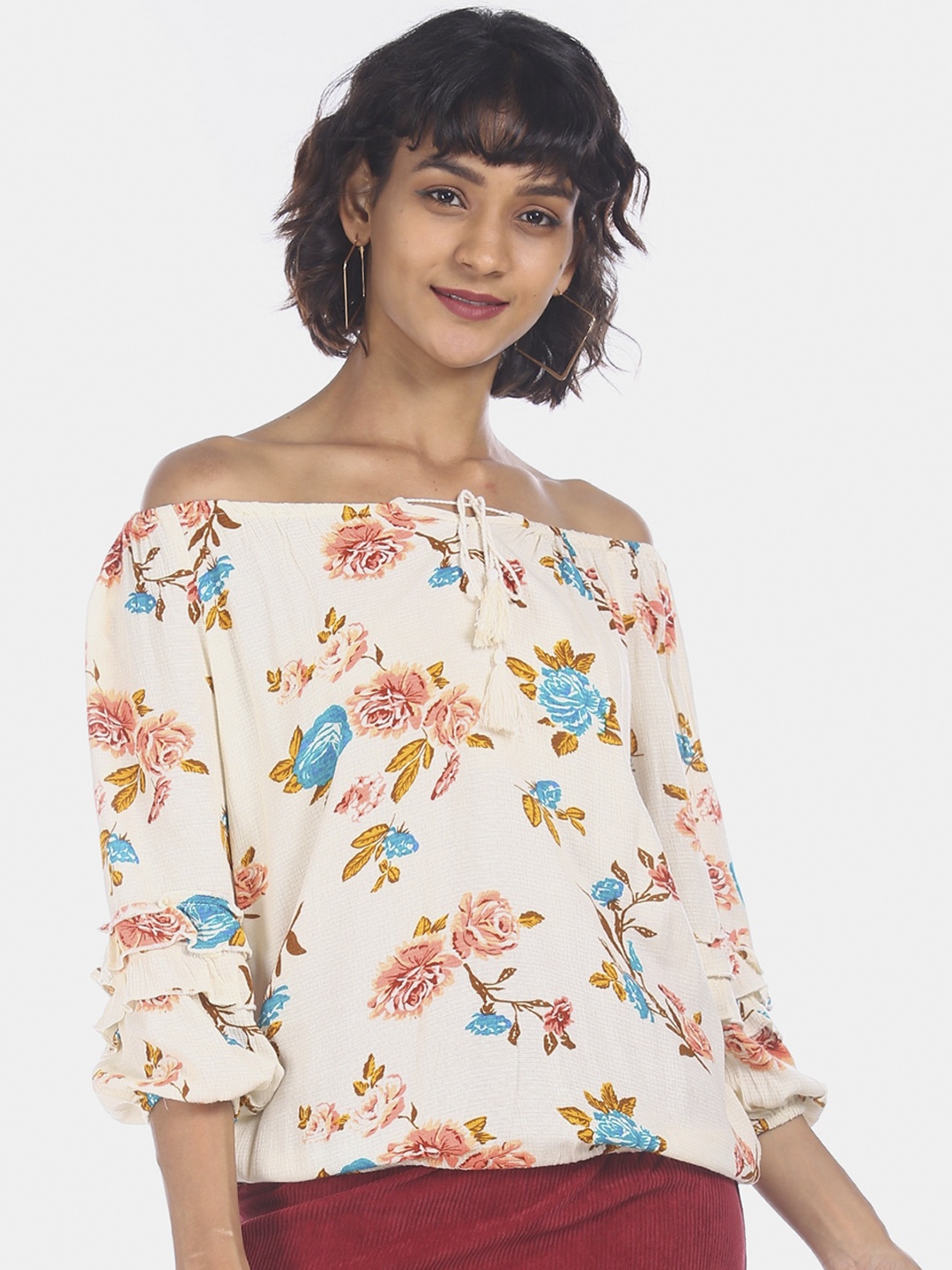 

Cherokee Women Beige Printed Bardot Top