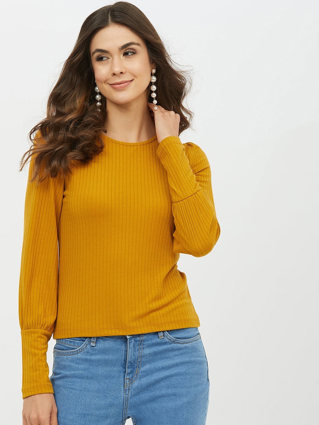 

Harpa Women Mustard Yellow Self Design Top