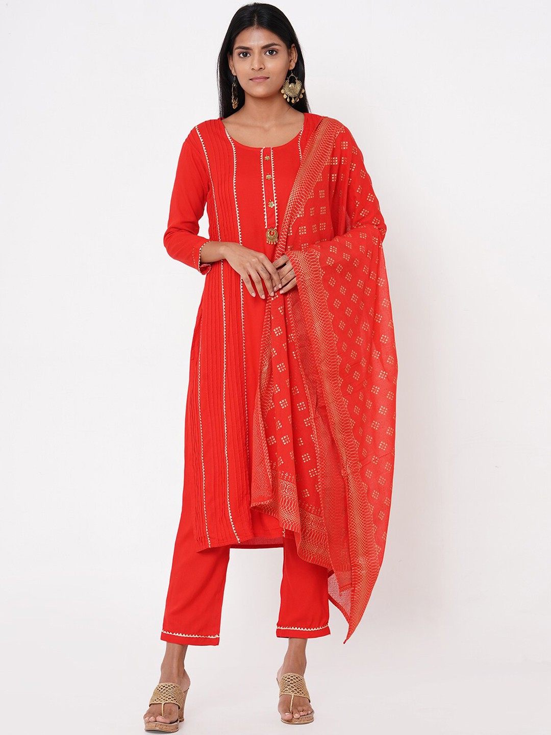 

FASHOR Women Red Solid Kurta with Trousers & Dupatta