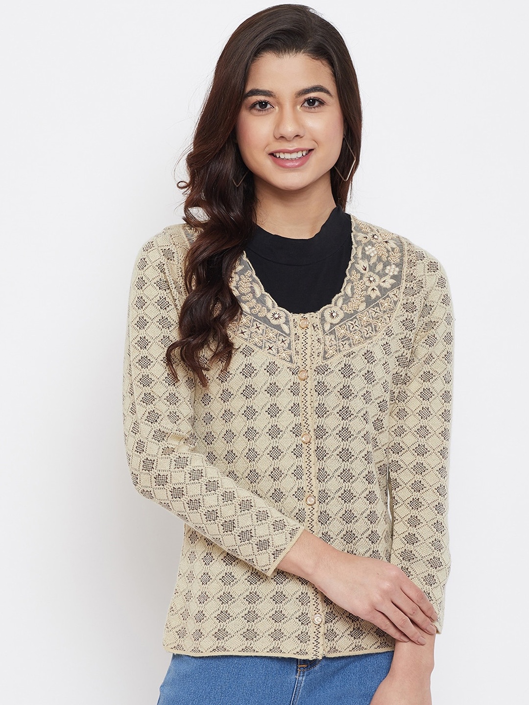 Zigo Women Beige Self Design Cardigan