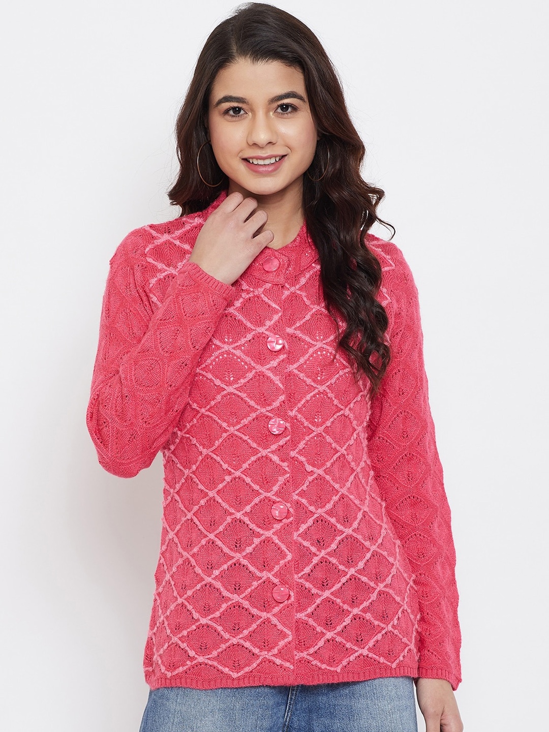 

Zigo Women Pink Self Design Cardigan
