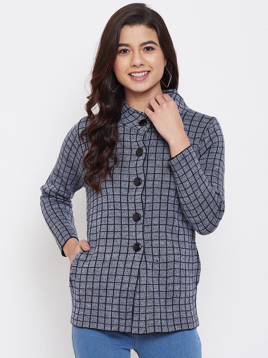

Zigo Women Navy Blue Checked Cardigan Sweater