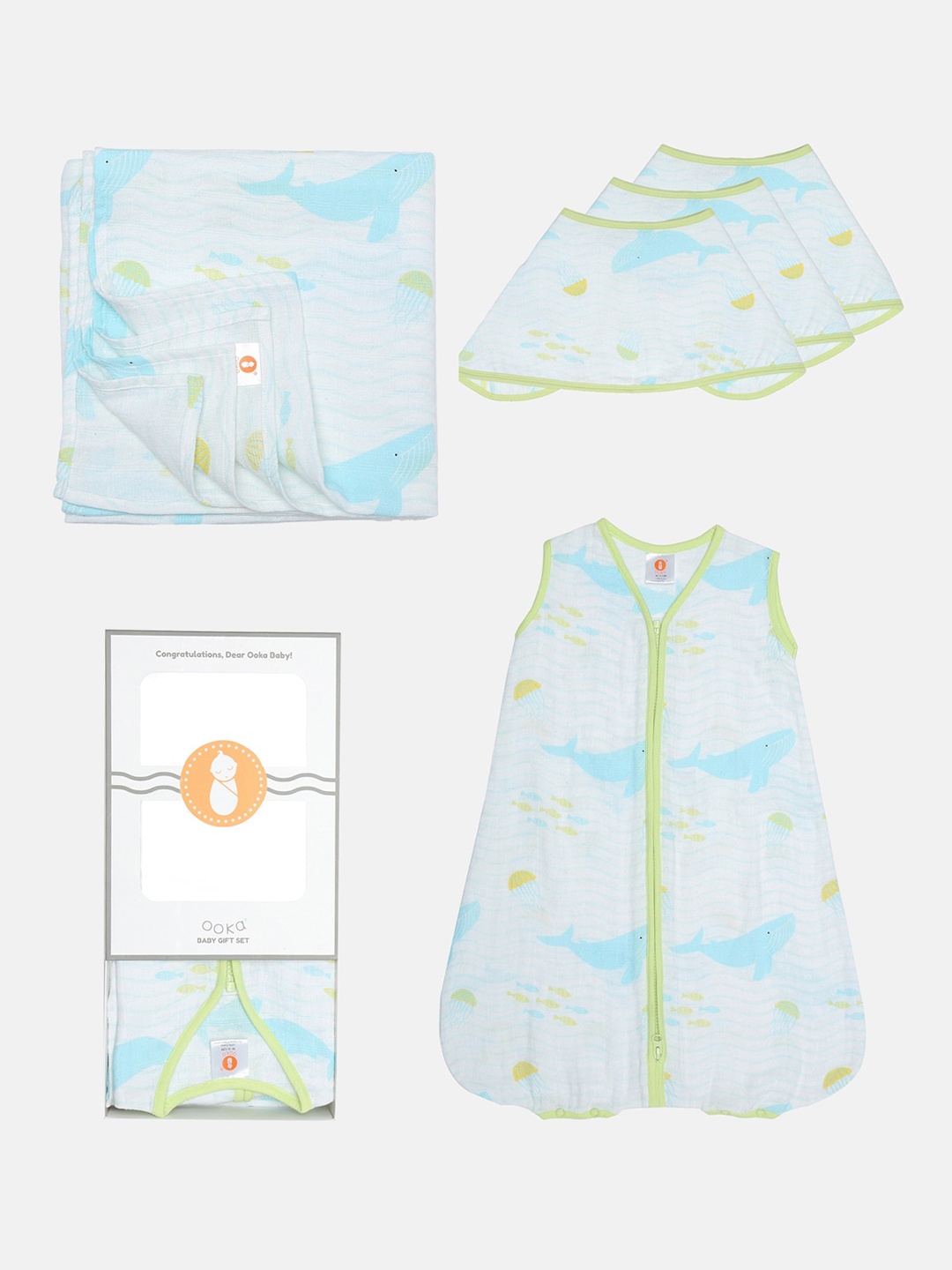 

OOKA Unisex Infants Lime Green & White Whale Printed Gift Set