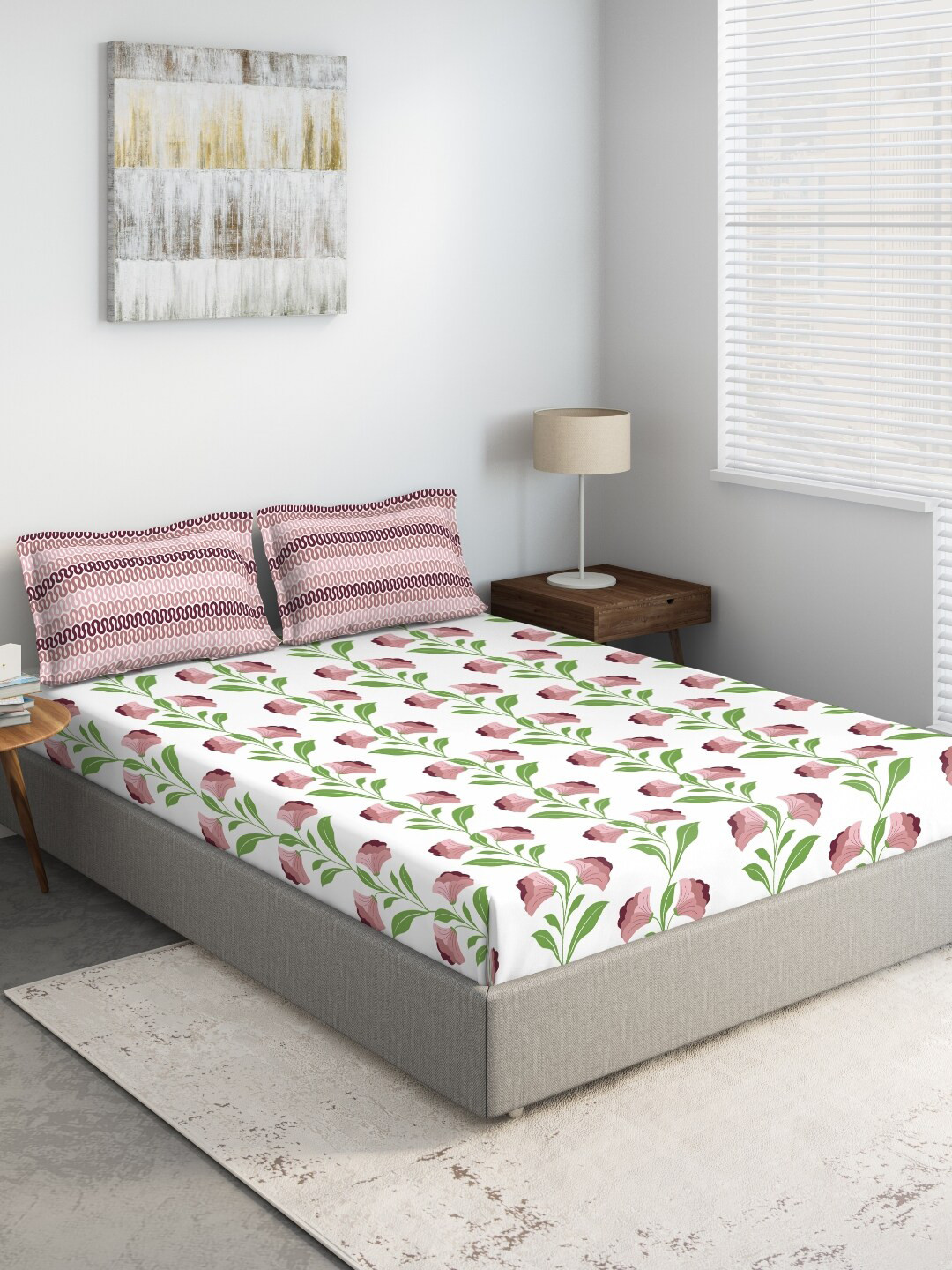 

DDecor White & Purple Floral 144 TC 100% Cotton Double King Bedsheet with Two Pillow Covers
